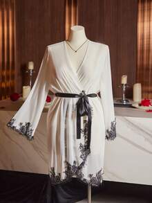 性感透视网纱拼接优雅撞色蕾丝系带宽松大码睡袍 - 白色 - 查看 7