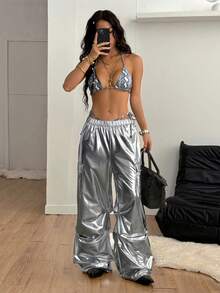 Coolane 女士时尚街头翻盖口袋松紧腰阔腿工装裤 - 黑色 - 查看 4