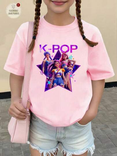 Camiseta de manga corta con cuello redondo y estampado de letras y personajes de dibujos animados para niñas preadolescentes