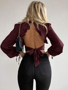 Firerie Women's Autumn Fashion Ruffle Backless Tie-Back Lantern Sleeve Blouse - Maroon - View 1
