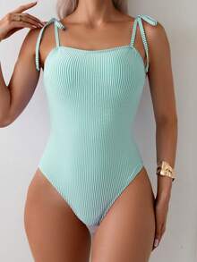 Swim Vcay 女士条纹清爽休闲连体泳衣 - 薄荷綠 - 查看 7