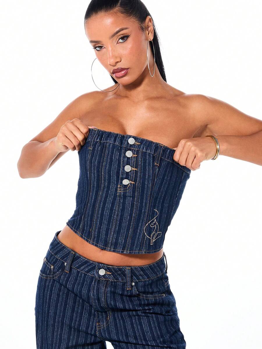 BABYPHAT Áo quây không dây bằng vải denim kẻ sọc cổ điển với chi tiết cúc phía trước, thích hợp cho mùa xuân hè và mặc hàng ngày. - Màu xanh lam - Xem 1