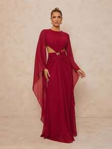 Lumalex 秋冬季简约复古闪亮假日派对装扮，适合锐舞派对、音乐节、郊游、游泳度假、波西米亚风、户外、婚礼季、宴会、成人礼、海边等场合。女士宽松薄纱连衣裙，系带喇叭袖，正式礼服。女士圆领插肩袖金属扣装饰镂空长裙，适合婚礼宾客、秋冬季女士连衣裙、舞会礼服、奢华舞会礼服、圣诞节、新年、假日、度假、生日、宰牲节派对、浪漫情人节约会礼服，优雅女士连衣裙，优雅春夏连衣裙。 - 酒紅色 - 查看 1