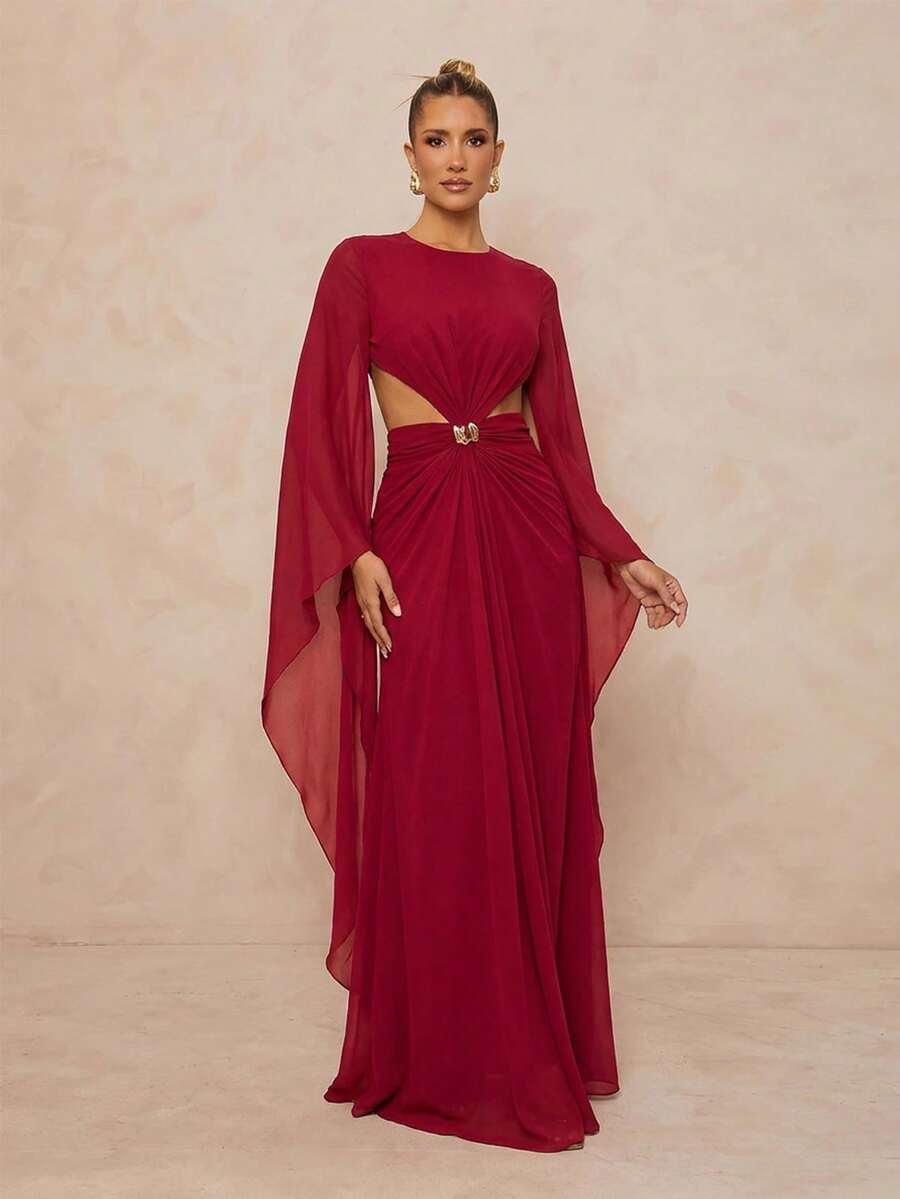 Lumalex 秋冬季简约复古闪亮假日派对装扮，适合锐舞派对、音乐节、郊游、游泳度假、波西米亚风、户外、婚礼季、宴会、成人礼、海边等场合。女士宽松薄纱连衣裙，系带喇叭袖，正式礼服。女士圆领插肩袖金属扣装饰镂空长裙，适合婚礼宾客、秋冬季女士连衣裙、舞会礼服、奢华舞会礼服、圣诞节、新年、假日、度假、生日、宰牲节派对、浪漫情人节约会礼服，优雅女士连衣裙，优雅春夏连衣裙。 - 酒紅色 - 查看 1