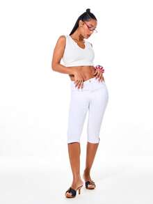 BABYPHAT Stretch Denim Mid Rise Straight Leg Capri Jeans With Button Closure And Rose Gold Logo Pocket Detail Summer Casual - White - View 3