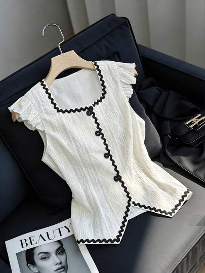 SHEIN PariChic Elegant Contrast Color Ruffle Trim Square Neck Short Sleeve Women T-Shirt