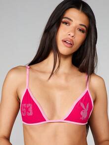 Missguided x Playboy 热熔水钻图案文胸和内裤套装，三角罩杯，圆领设计，适合亲密场合 - 玫紅色 - 查看 3