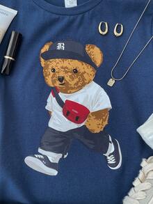 SHEIN Casual Everyday Cute Bear Graphic Fitted Crew Neck T-Shirt, Powder Blue For Teen Girls - Navy Blue - View 4