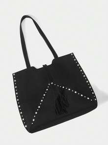 SHECARRY Ladies Large Capacity Suede Rivet Trim Shoulder Tote Bag - Black - View 3