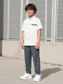SHEIN 2pcs/Set Teenage Boys' Casual School Style Simple White Shirt And Pants Outfit - Grey - View 3