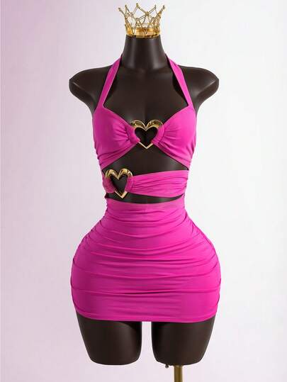 SaltGleam SaltGleam Halter Neck Hollow Heart Metal Buckle Ruched Sexy Bodycon Mini Dress