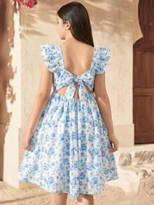 SHEIN Đầm in hoa thanh lịch dành cho bé gái tuổi teen, trang trí nơ và viền bèo nhún. - Xanh và trắng - Xem 6