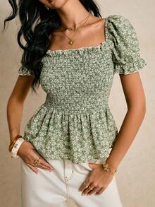 Poéselle 女士夏季休闲碎花泡泡袖娃娃衫荷叶边上衣度假套装 女士夏季套装 女士夏季上衣 - 綠色 - 查看 6