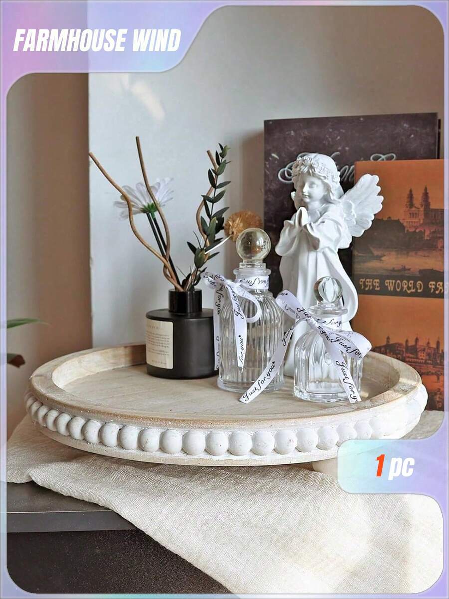 1PC Decor 12in Round Tray For Home Decor-Wood Beaded Tray- Decorative Round Tray For Living Room Decor Coffee Table Decor Kitchen Table Decor Or Farmhouse Serving Tray