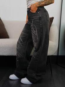 SAYEHFBABY 女式复古 Y2K 风格水钻装饰直筒牛仔裤 - 黑色 - 查看 5