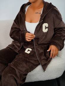 SAYEHFBABY Oversized Damen 2-teiliges Set: einfarbiger Kapuzenpullover und Jogginghose, Herbst - Braun - Übersicht 3