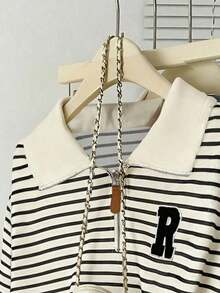 Franclia Women's Letter Embroidery Zip-Up Polo Collar Long Sleeve Striped Casual Sweatshirt - Apricot - View 3