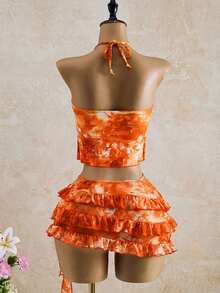 Bellisia Women's All-Over Print Ruffled Halter Neck Bikini Set With Skirt - Multicolor - View 3