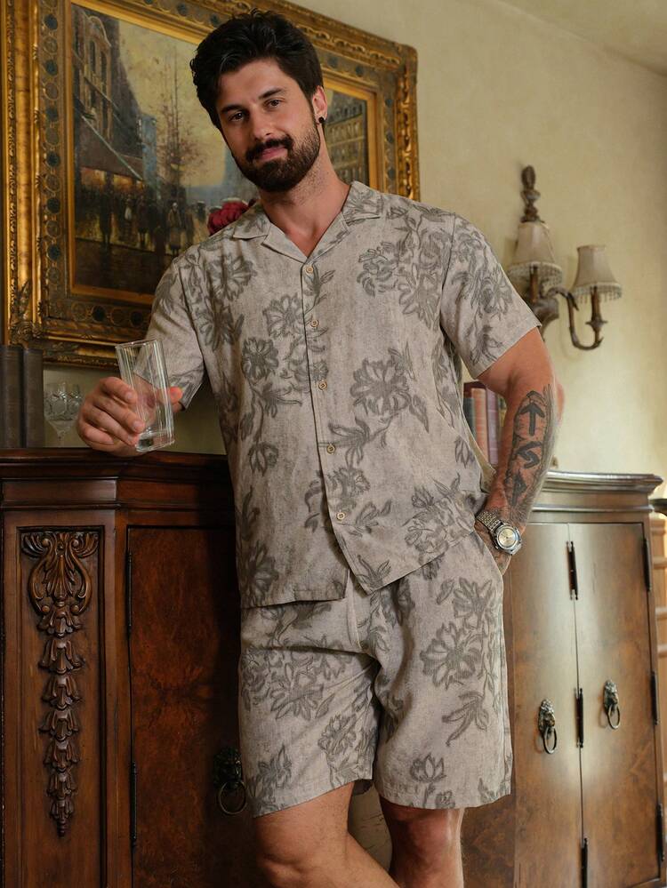 Men's Summer Textured Floral Pattern Gray Short Sleeve Shirt And Shorts Pajama Set