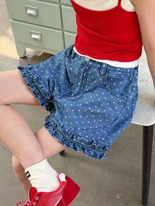 DAZY Tween Girls' Polka Dot Print Denim Shorts, Fall - Blue - View 5