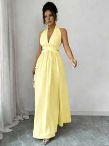 Rafferiza 优雅无袖V领露腰设计褶皱连衣裙，紫色，春夏新品，女士优雅长裙 - 黃色 - 查看 6