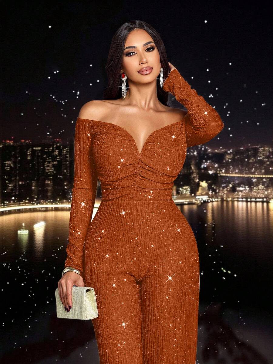 SOLERSUN Women's Fashionable Elegant V-Neck Off Shoulder Long Sleeve Party Night Club Sparkly Fabrics Jumpsuits, Suitable For Christmas Party Valentine's Day Dating - Rust Brown - View 1