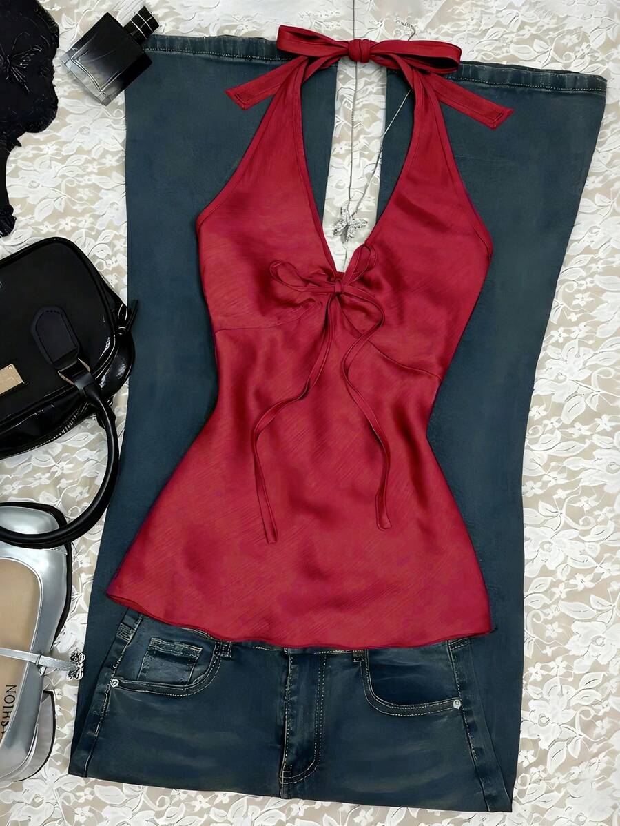 INAWLY Women's Casual Burgundy Halter Plain Regular Length Tank Top With Knot Details - Burgundy - View 1