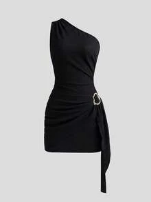 GlowEve 女士不对称性感紧身半身裙，系带腰身，无袖，适合通勤、度假、海滩、派对穿着；纯色金属扣肩部紧身连衣裙，褶皱荷叶边下摆派对礼服 - 黑色 - 查看 1