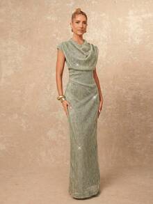 Lumalex 女士纯色褶皱优雅收腰派对连衣裙 - 銀色 - 查看 1