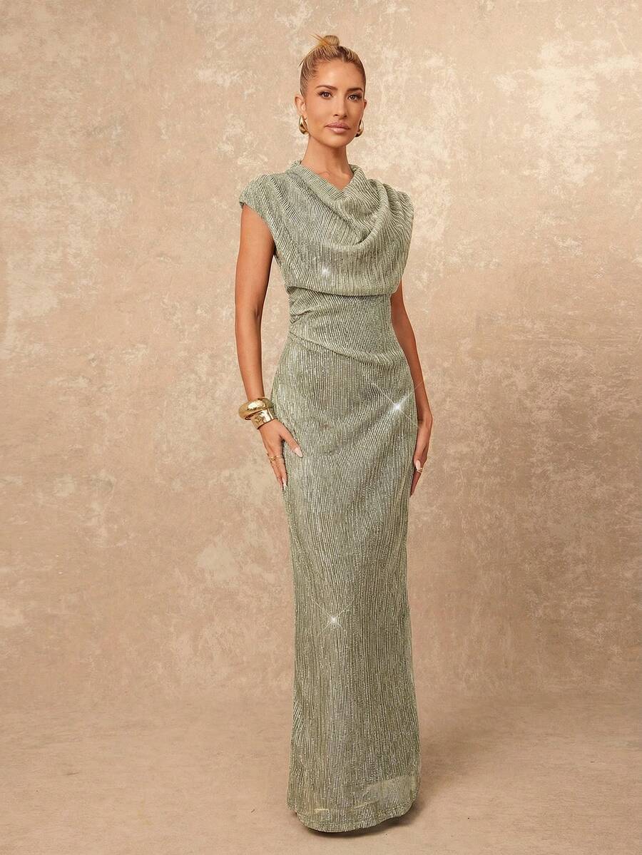 Lumalex 女士纯色褶皱优雅收腰派对连衣裙 - 銀色 - 查看 1