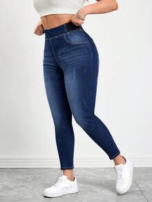 SHEIN Tall CURVE 春夏女式加大码口袋舒适高弹面料运动瑜伽休闲弹力腰休闲牛仔裤 - 中等水洗藍 - 查看 3