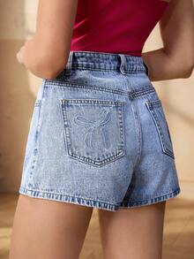 Selenza Women's Casual Everyday Commute Versatile Bow Embroidery Denim Shorts, Summer - Light Wash - View 1