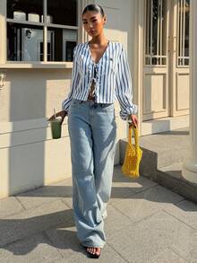 Muchica Women's New Striped V-Neck Front Tie Embroidered Floral Long Sleeve Shirt, Spring/Summer - Blue and White - View 6