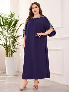 Lacomfia Plus Size Elegant Floral Applique Open Sleeve Dress - Purple - View 4