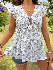 SHEIN Áo nữ mùa hè, áo nữ đi nghỉ mát, áo bầu họa tiết hoa nhí, áo kiểu Bohemian, áo phong cách Boho. - Xanh và trắng - Xem 1