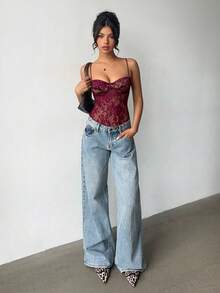 Aloruh Camisola transparente de renda sexy com laço decorativo em cor sólida - Borgonha - Ver 7