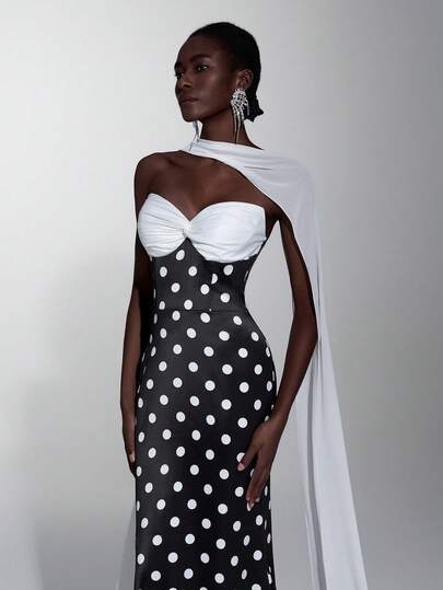 Elitara Elegante, romántico y de moda Vestido de fiesta elegante con estampado de lunares en blanco y negro de satén, con escote sin tirantes y bajo de cola de pez. Vestido de invitada de boda, conjunto de 2 piezas con estampado de lunares, vestido de despedida de soltera, vestido de gala formal, vestido formal para cena