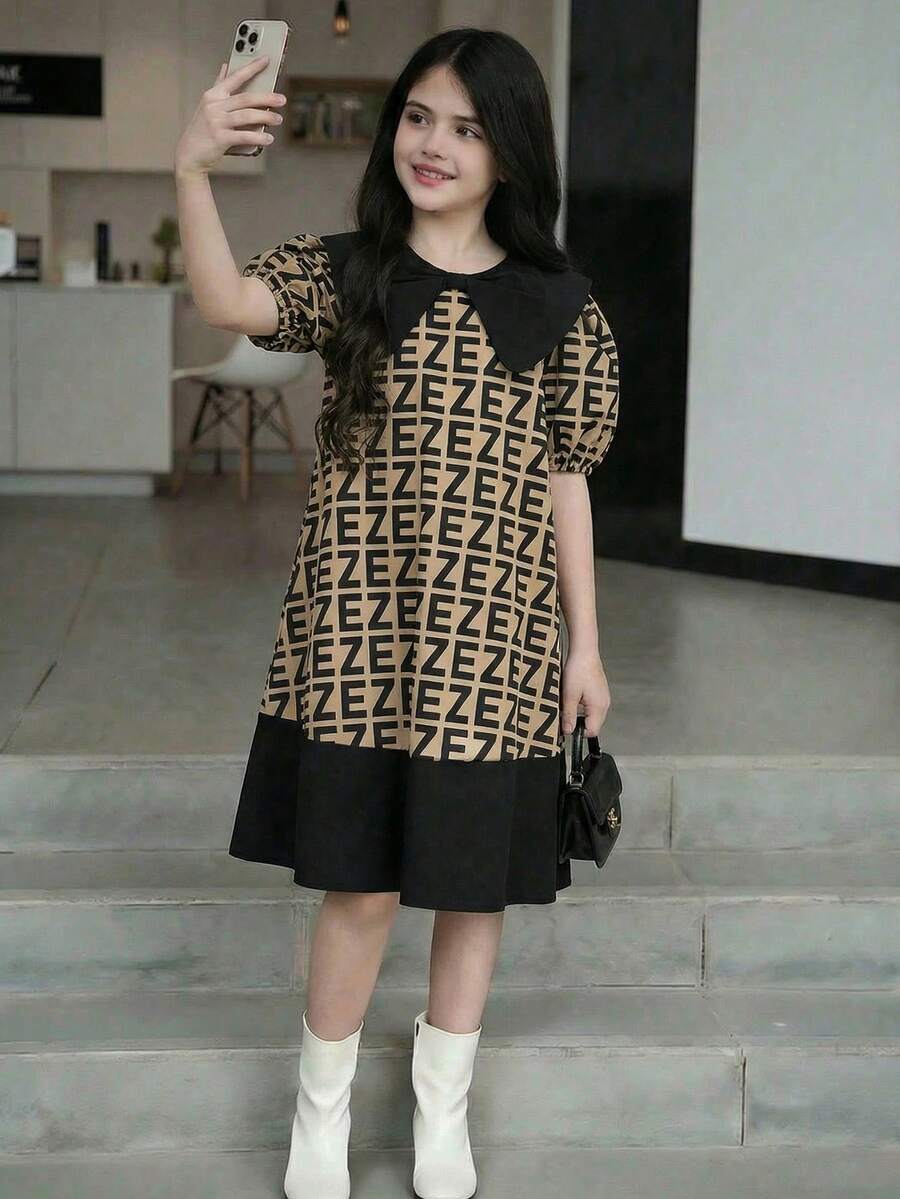 SHEIN Tween Girl Loose Fit College Style Color Block Puff Sleeve Midi Dress With Contrast Collar, Back To School, Elegant, Tween Girl - Black - View 1