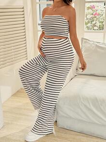 SHEIN 2件套孕妇休闲条纹纹理抹胸上衣和裤子套装，夏季 - 杏色 - 查看 6