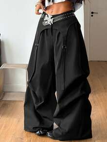 Coolane 女士春季街头风时尚Y2K休闲黑色宽松不对称假两件式降落伞裤 - 黑色 - 查看 3