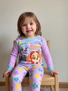 SHEIN | PAW Patrol 2pcs/Set Young Girl Cute Cartoon Dog Print Crew Neck Long Sleeve Top And Pants Knit Comfortable Stretchy Pajama Set - Purple - View 5