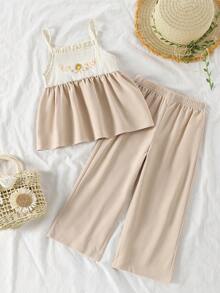 SHEIN 2pcs/Set Khaki Camisole Top And Loose Pants, Floral Pattern Casual Vacation Summer Outfit - Khaki - View 1