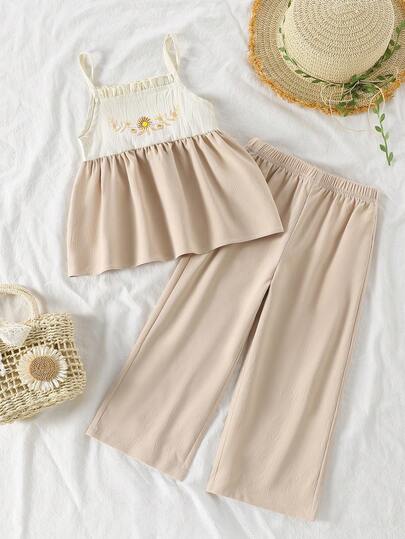 SHEIN 2pcs/Set Khaki Camisole Top And Loose Pants, Floral Pattern Casual Vacation Summer Outfit