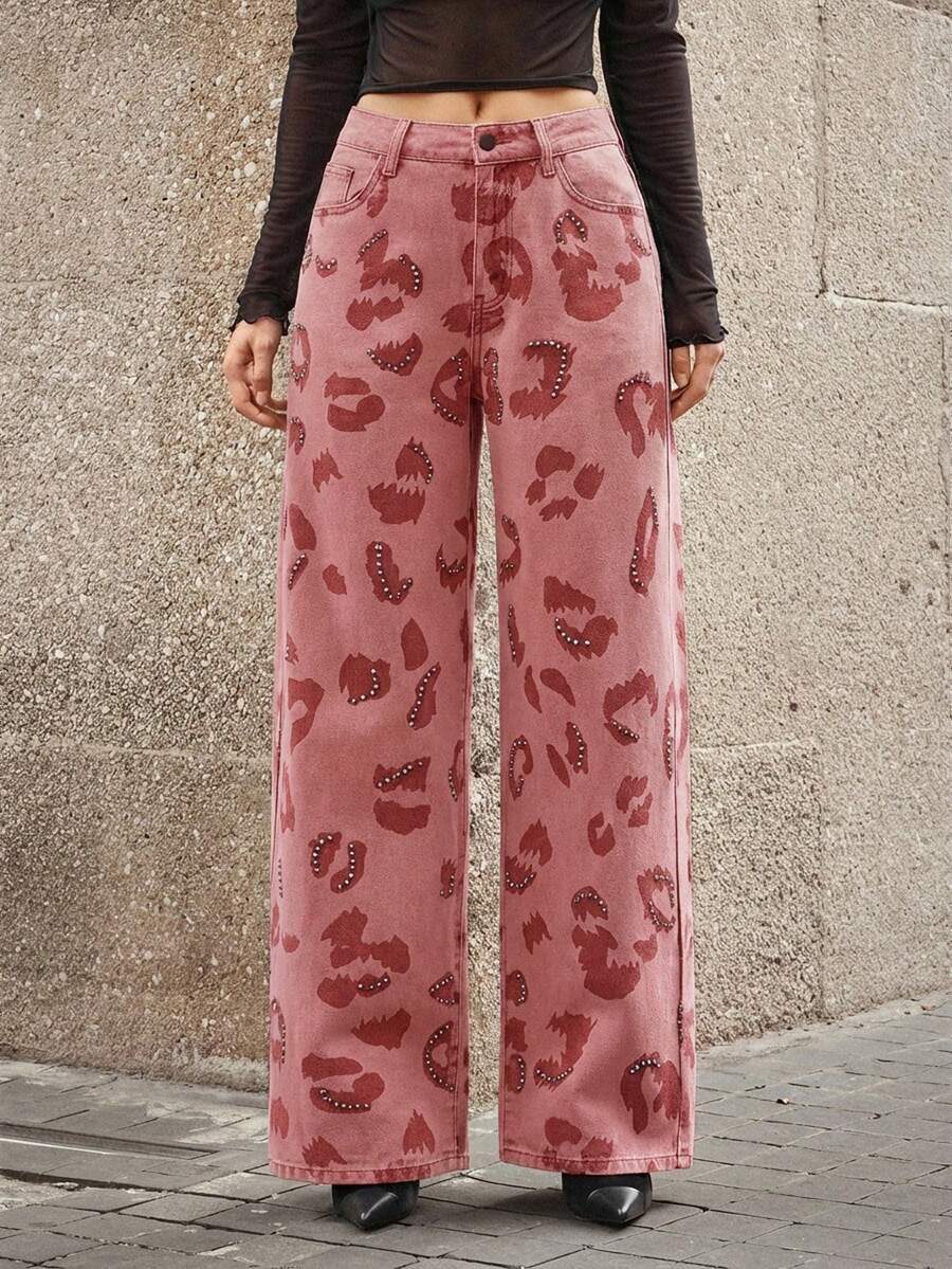 Selenza Women's Casual Fashion Street Leopard Print Rhinestone Embellished Straight Leg Jeans - Pink - View 1