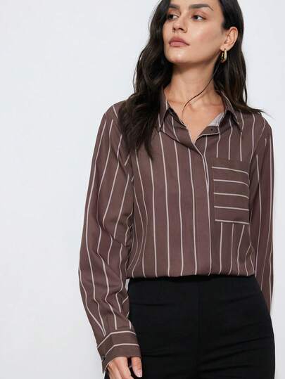 Aveloria Modichic New Arrival Women's Fashion Versatile Pocket Striped Blouse