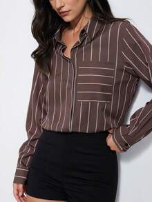 Aveloria Modichic New Arrival Women's Fashion Versatile Pocket Striped Blouse - Mocha Brown - View 6