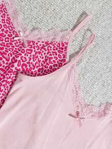 EURMUSE 2 Sets Lace Detail Solid Color & Leopard Patten Detail PJ Set - Multicolor - View 3