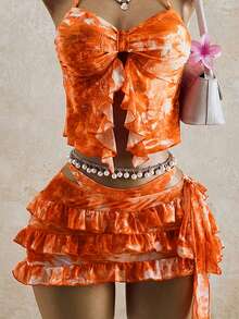 Bellisia Women's All-Over Print Ruffled Halter Neck Bikini Set With Skirt - Multicolor - View 5