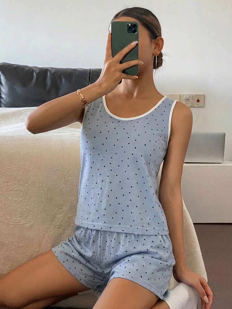 2pcs/Set Women's Contrast Trim Polka Dot Print Sleeveless Tank Top And Shorts Pajama Set, Summer