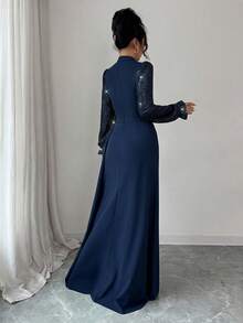 SHEIN Elenzya 女士优雅华丽亮片长袖收腰连衣裙，适合宴会、派对、婚礼宾客、新年、圣诞节等场合。 - 藏蓝色 - 查看 2